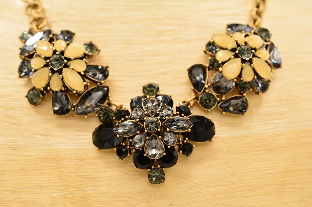 J.Crew Statement Necklace Gunmetal Crystal Antiqued Gold Chunky Holiday Bin1D